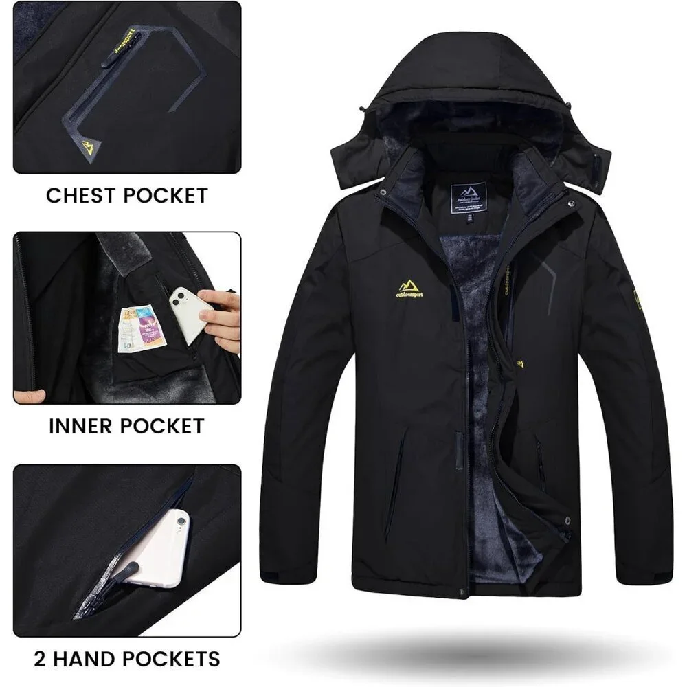 Men's #215 Black Winter Ski Jacket Water Resistant Fleece Hooded Parka